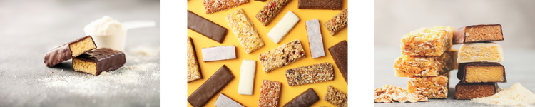 Collage of assorted snack and protein bars with various textures, colors, and coatings, including chocolate, oats, seeds, and fruit pieces, arranged on very bright background.