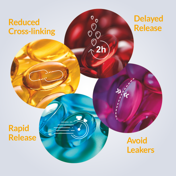 Different colored bubbles with illustrations of soft capsules 