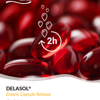 Red soft gel capsules with the branding "DELASOL® Delayed Release" in the top left corner. Over the capsules, there are icons of droplets and a clock symbol with "2h" indicating a two-hour delayed release.