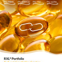 a collection of yellow gel capsules with the branding for various RXL® products at the top: "RXL® PRIME", "RXL® ADVANCED", "RXL® PRO" and "RXL® ULTRA". In the center, a white icon of two linked capsules.